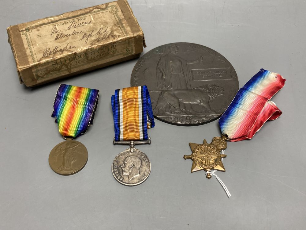 A WWI trio (Mons star) and death plaque to Lieutenant R M Stephens, Royal West Kent regiment